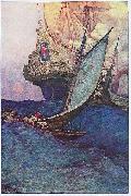 Howard Pyle An Attack on a Galleon: illustration of pirates approaching a ship Spain oil painting artist